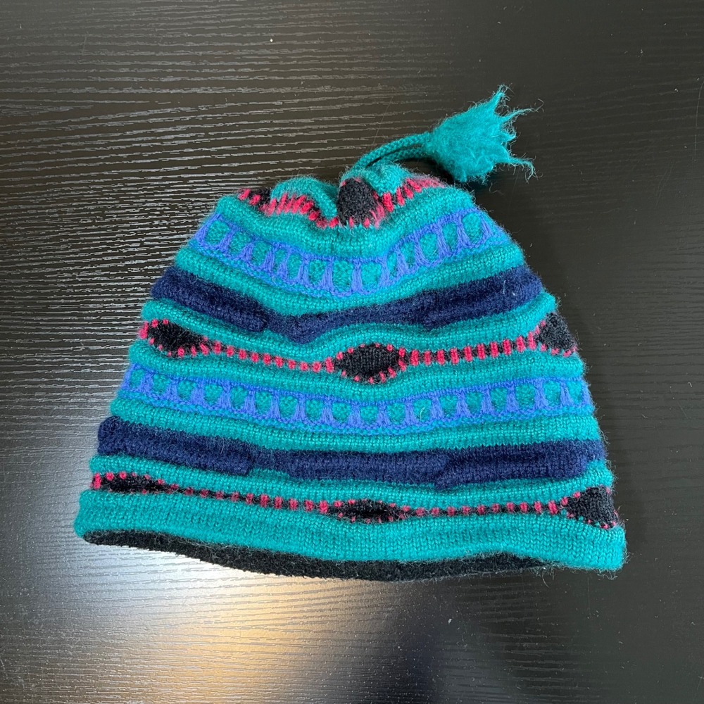 Vintage Nordica Sportsystem Wool Knit Beanie Teal Pink Geometric Ski Hat Tassel
